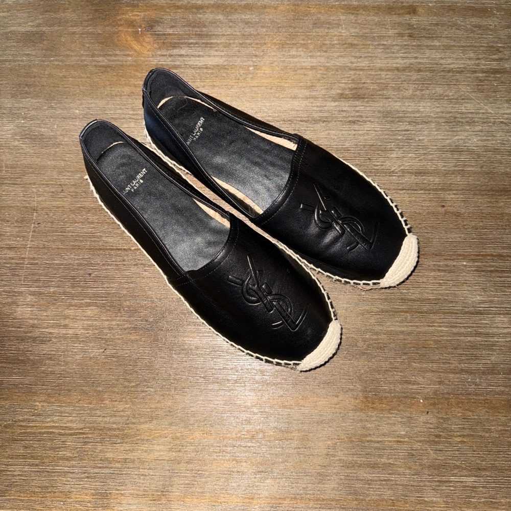 Yves Saint Laurent Black Leather Espadrilles with Natural Toe Accent